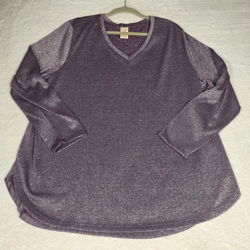 Faded Glory Metallic Top Womens 2X Purple Pearl Sparkle V-Neck Shimmer FGW37082
